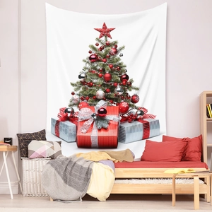 Detailed view of Christmas tree tapestry hanging in a cozy bedroom with red bedding