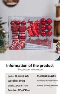 Detail view of a 38-piece Christmas ornament set with red balls and festive stockings