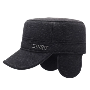 Winter flat top ear protection military cap for elderly men with SPIRIT embroidery