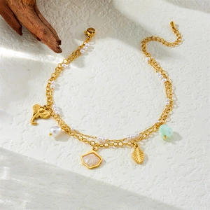 Double-layer stainless steel anklet with shell, pearl, elephant, and leaf charms