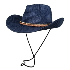 Dark blue wide brim straw cowboy hat with beaded band and adjustable chin strap