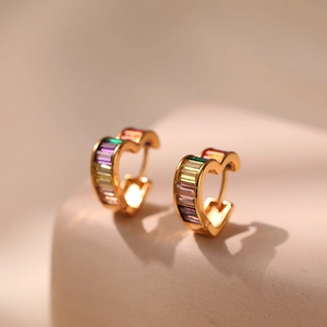 18K gold plated heart hoop earrings with rainbow zircon stones for women