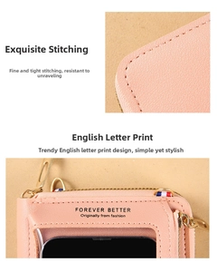 Detail showing high-quality stitching and window design on pink touchscreen phone bag