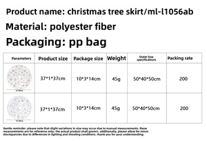 Size specifications table for 15 inch plush Christmas tree skirt with gold and silver snowflakes