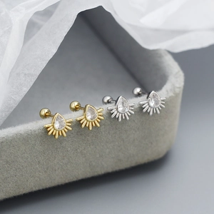 S925 silver water drop stud earrings with cubic zirconia in gold and silver finish