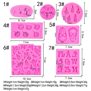 Size chart for 7 Halloween skull silicone fondant molds in pink for DIY chocolate crafts