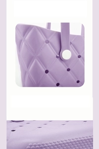 Detail of light purple EVA beach bag featuring argyle pattern and ventilation holes