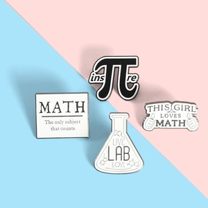 Set of four science and math enamel pins including Pi and lab beaker on bicolor background
