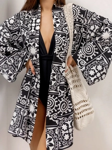 Women's casual geometric print long sleeve pajama set with high waist shorts