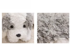 Macro detail of the soft grey and white plush fabric and cute puppy doll facial features