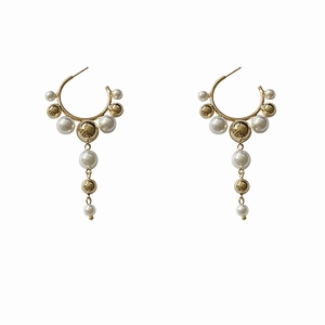 Elegant C-shaped pearl tassel drop earrings with gold metallic beads and silver needle studs