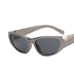 Y2K sporty sunglasses with silver frame and gray PC lenses shown at 45-degree angle