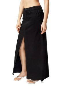 Fashionable black denim maxi skirt with a high slit for women in a stylish straight fit