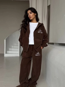 Ensemble Sweat À Capuche Et Pantalon Femme Coton Sweat À Capuche Zippé Et Pantalon De Survêtement Large Broderie Lettres Décontracté
