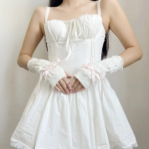 Sweet white knitted JK sleeves with pink ribbon bows for Lolita and Harajuku fashion styles