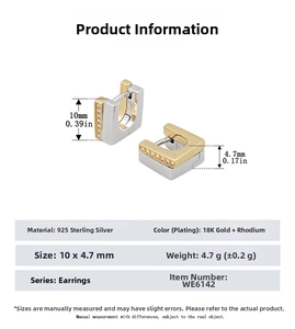 Fiche technique pour boucles d'oreilles carrées en argent S925 avec placage en or 18k