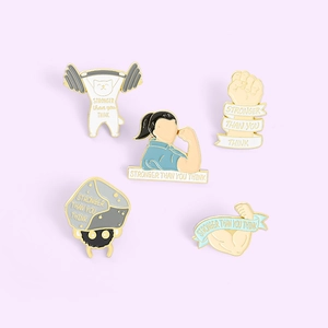 Cartoon enamel lapel pins with inspirational Stronger Than You Think fitness slogans