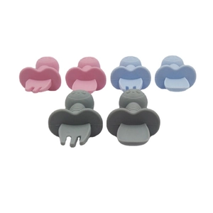 Silicone baby fork and spoon set with short handles and choking guards in three colors