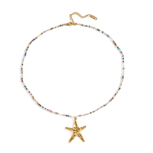 Detail of beaded ocean necklace with gold starfish pendant and S.STEEL engraved tag