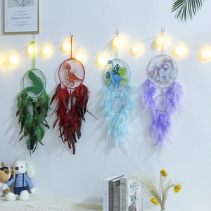 Nordic cartoon dinosaur dreamcatchers with colorful feathers and cozy bedroom fairy lights