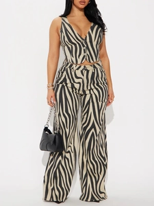 Women Zebra Print Vest And Wide Leg Pants Sleeveless V Neck Button High Waist Casual Streetwear Polyester Outfit