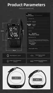 Detailed size chart for SKMEI outdoor sports watch with full technical specifications