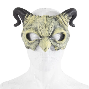 Yellow demon half-face cosplay mask with black curved horns on a white model head