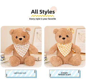Close-up of plush teddy bears wearing light brown and creamy yellow checkered scarves