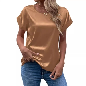 Elegant bronze satin short sleeve t-shirt with crew neck for a professional office look