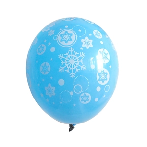 Close-up of a blue latex balloon featuring white snowflake patterns and geometric dots