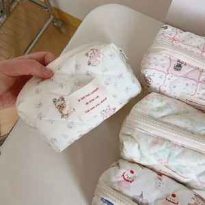 Quilted cotton cosmetic bags with cute cartoon prints and zipper closure for storage