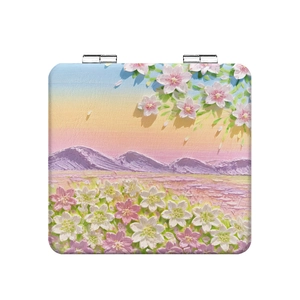 Portable folding square makeup mirror with artistic pink cherry blossom oil painting relief