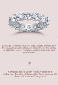 Macro detail of D color eternity ring with 3EX cut moissanite stones in S925 silver