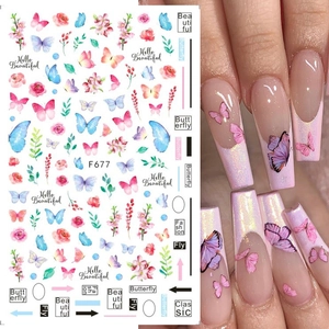 Macro detail of F677 nail stickers featuring colorful vintage butterfly and flower designs