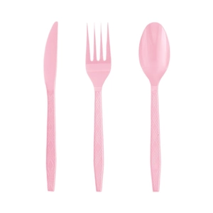 Kit d'anniversaire licorne rose incluant couteau, fourchette et cuillère en plastique rose