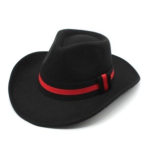Classic black felt cowboy hat with red and black striped ribbon on white background