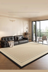Detail of French vintage woven rug featuring beige texture and bold black borders