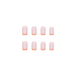 Glossy square oval press on nails with milk tea French tip design in pink and orange