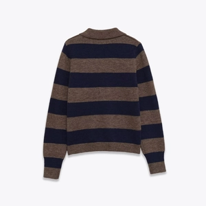 Classic striped long-sleeve polo knit sweater in dark brown and navy blue with ribbed cuffs
