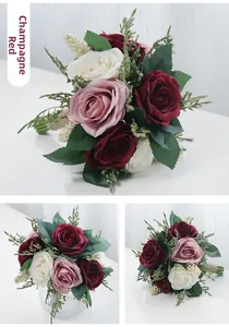 Detail of bridal bouquet with champagne and wine red silk roses and rustic twine handle
