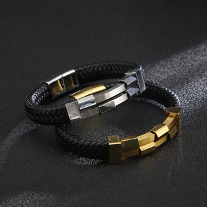 Men's punk braided leather bracelets with stainless steel clasps in silver and gold