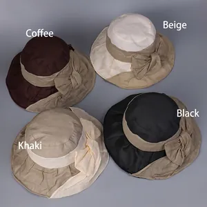 Women's wide brim ramie sun hats with elegant bows in coffee, beige, khaki, and black