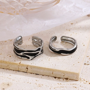 Modern black enamel stainless steel open rings with irregular organic wave lines