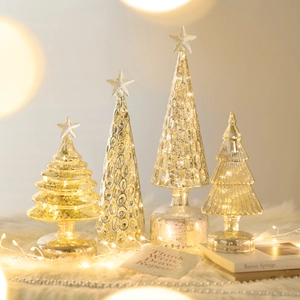 LED Lighted Mercury Glass Christmas Tree Ornament Desktop Decor Star Topper Champagne Gold Holiday Tabletop Decoration