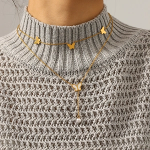 Double-layered 18K gold plated stainless steel necklace with butterfly and pearl pendants