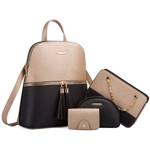 Fashionable 4-piece set including backpack, chain bag, pouch, and card holder in beige black