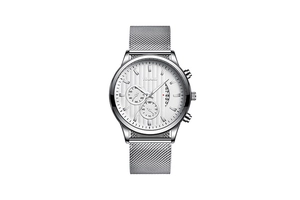 Macro detail of white dial with vertical texture and date window on silver mesh watch