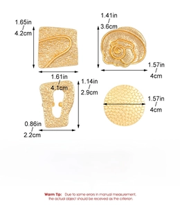 Size guide for punk rings showing dimensions of textured geometric hollow designs