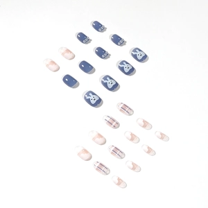 Cute cartoon press-on nails set with grey-blue rabbit patterns and pink plaid design