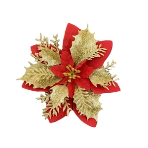 Glittering artificial red and gold poinsettia flower for Christmas tree and wreath decoration